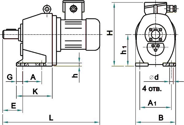 Габаритные и присоединительные размеры мотор-редуктора МЦ2С100 для исполнения на лапах