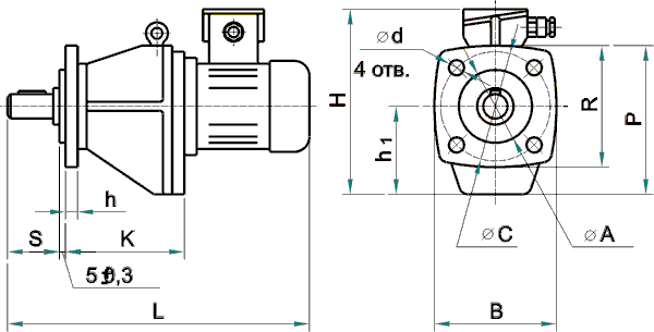 Габаритные и присоединительные размеры мотор-редуктора 1МЦ2С-100 для фланцевого исполнения